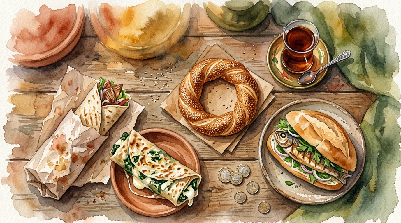 Aquarell-Illustration einer Vogelperspektive auf ein großzügiges türkisches Straßenessen-Sortiment auf einer abgenutzten Holztheke: ein goldener Simit, bestaubt mit Sesam