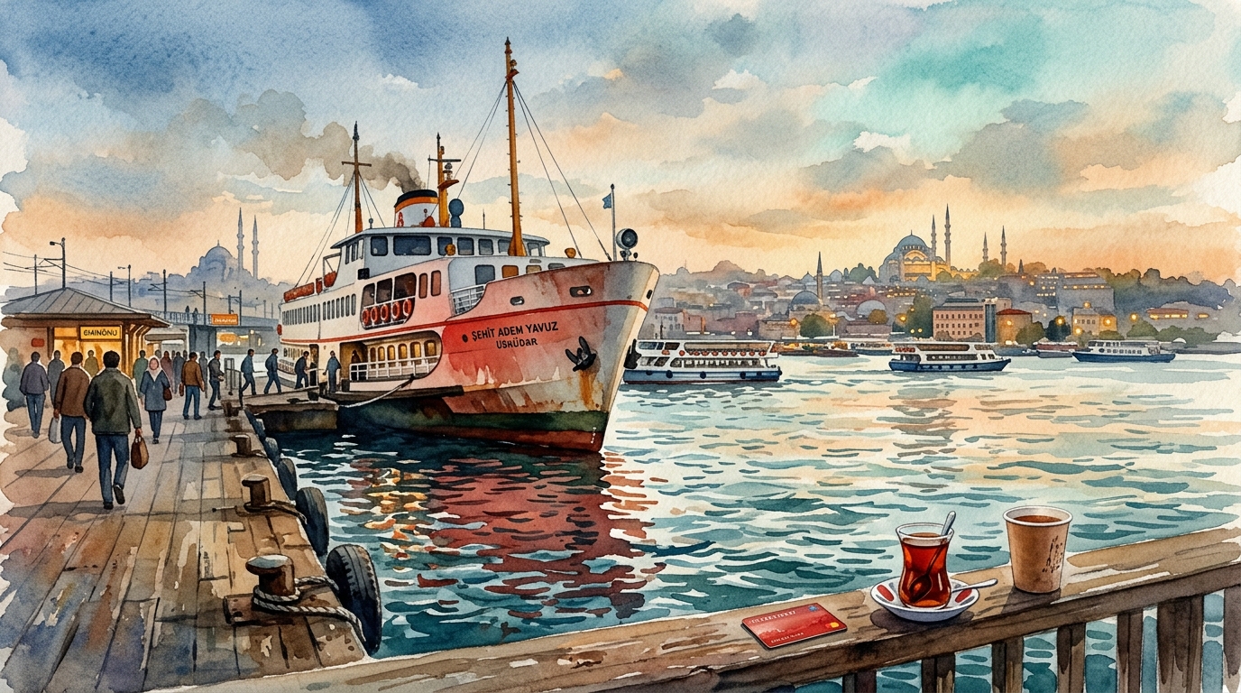 Aquarell-Illustration einer Bosporus-Fähre in Istanbul aus der Froschperspektive am Eminönü-Anleger, ihr rot-weißer Rumpf spiegelt sich im gekräuselten Wasser