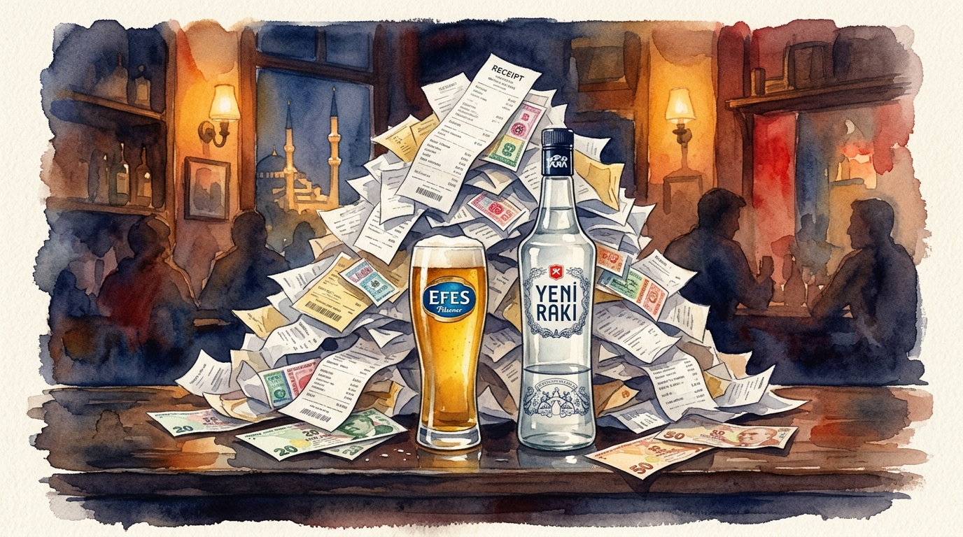Aquarell-Illustration eines symbolischen Stilllebens auf einer dunklen Bartheke: ein hohes Glas Efes-Bier und eine Flasche türkischer Raki nebeneinander