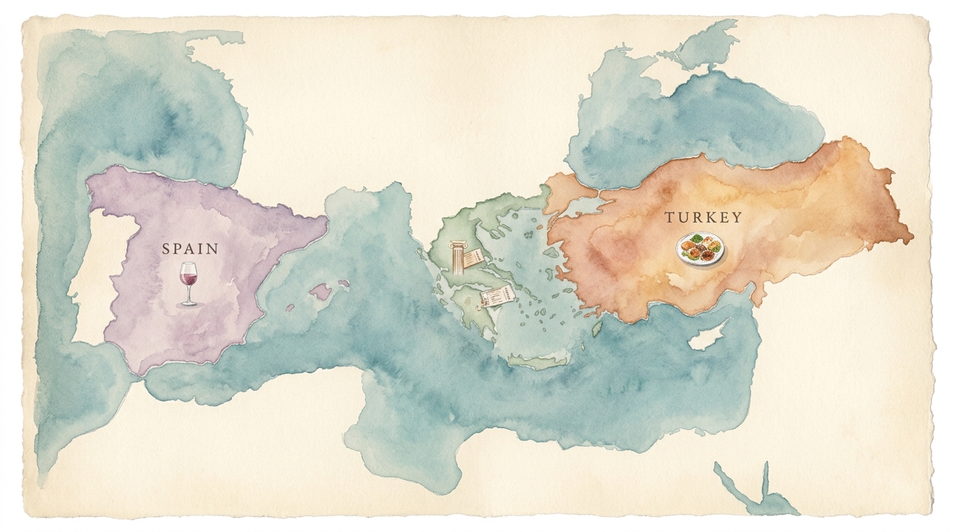 Aquarell-Illustration einer gemalten Landkarte auf gealtertem cremefarbenem Papier, die das östliche Mittelmeer zeigt – Türkei, Griechenland und Spanien als die drei Hauptregionen