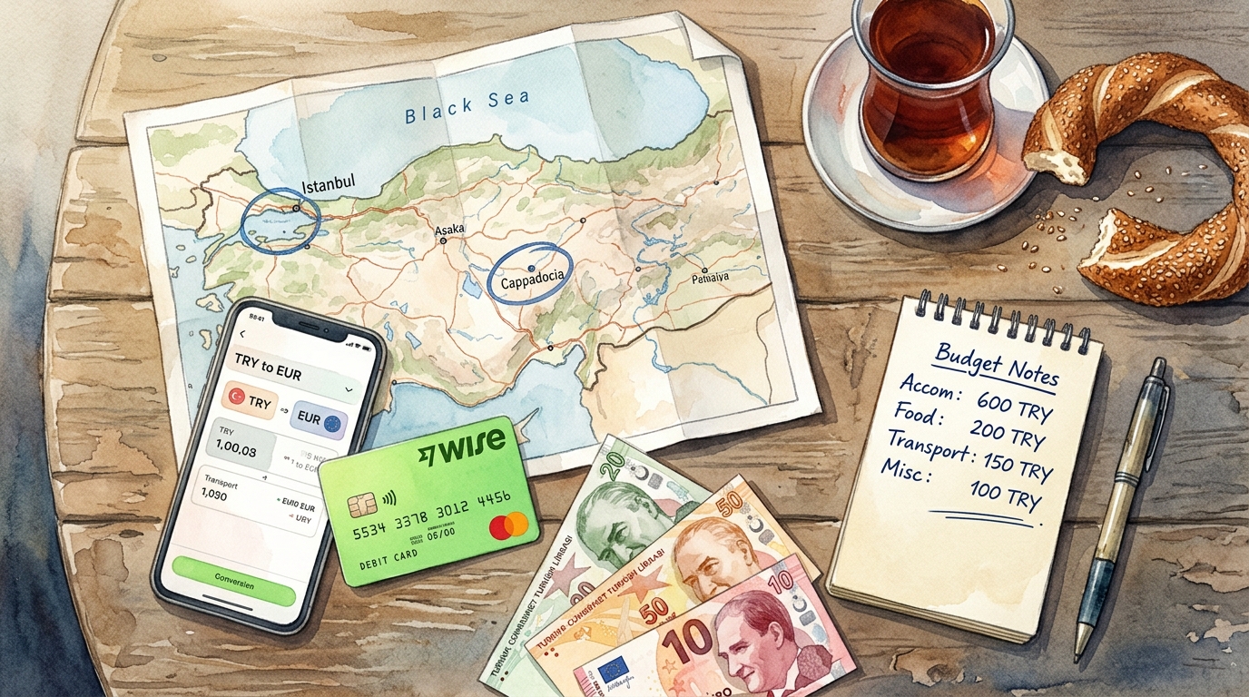 Aquarell-Illustration einer Vogelperspektive auf eine Reiseplanung auf einem abgenutzten Holztisch: ein Smartphone mit einer Währungsrechner-App