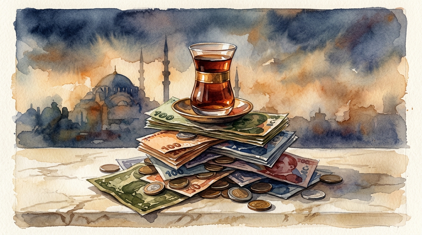 Watercolor illustration of a dramatic still life: a gleaming brass Turkish tea glass (tulip-shaped) sitting on top of a towering, precarious stack , representing why is turkey so expensive 2026