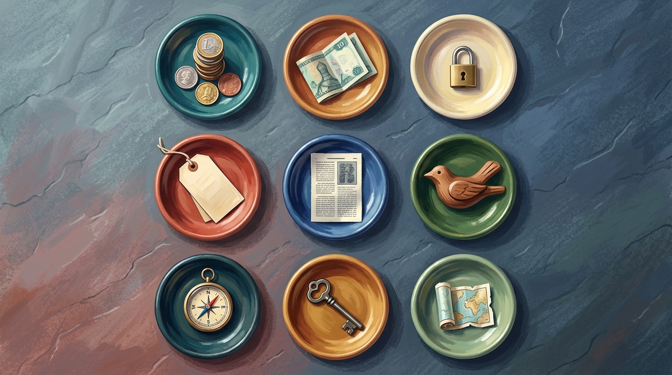 Editorial illustration of Overhead flat-lay of a tidy three-by-three grid of small shallow ceramic dishes on a slate countertop, each dish holding