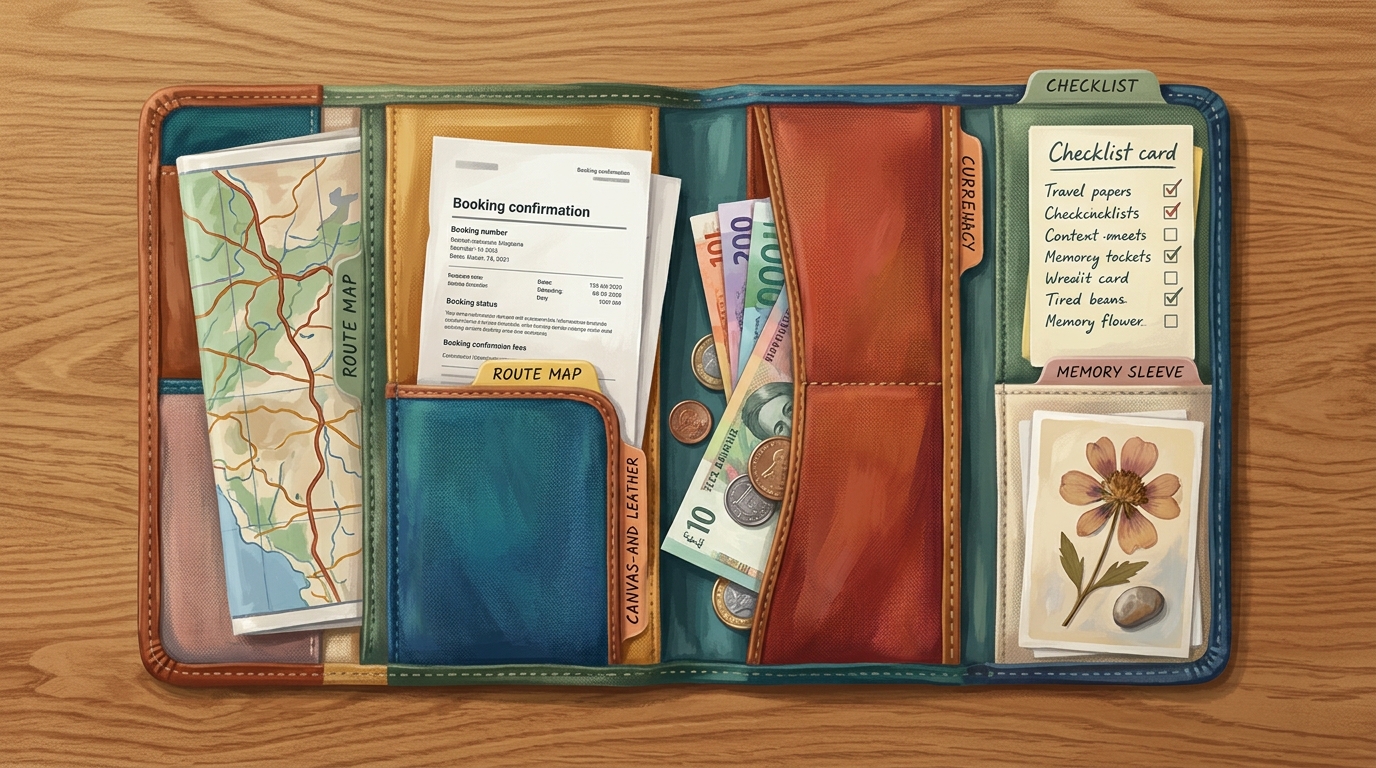 Editorial illustration of An open tabbed travel organizer wallet laid flat on a warm oak desk, its labeled sleeves each holding one piece of a tri