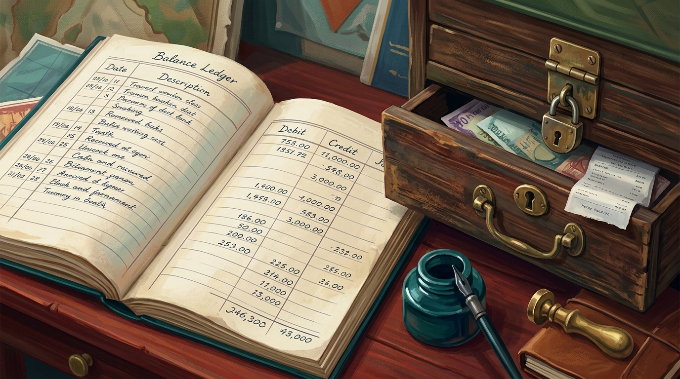 Editorial illustration of A well-worn, easy-to-read balance ledger lying open on a desk with a clean column of settled figures, but with a small b