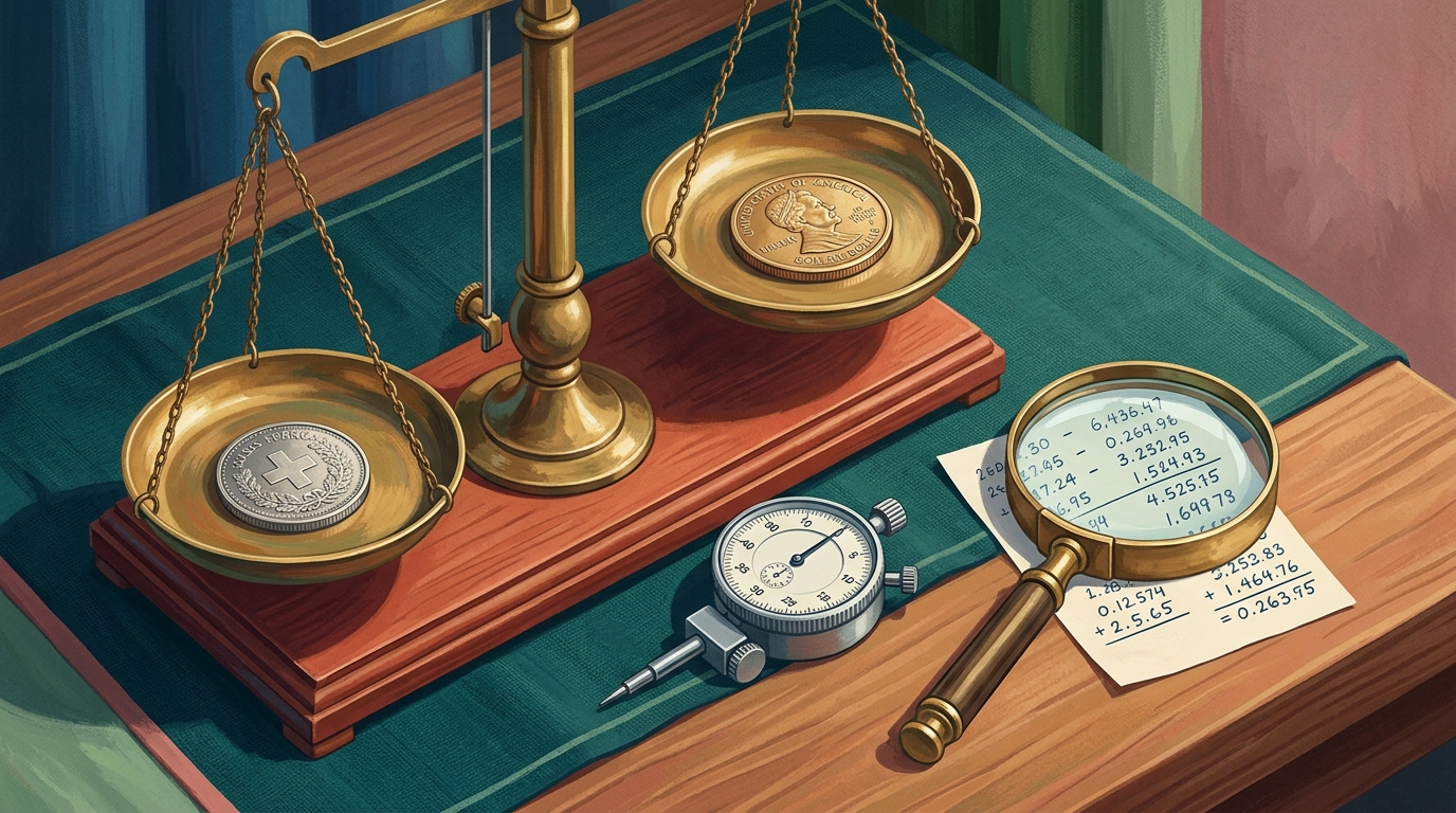 Editorial illustration of A precise brass balance scale on a desk weighing two different national coins against each other, with a small adjustabl