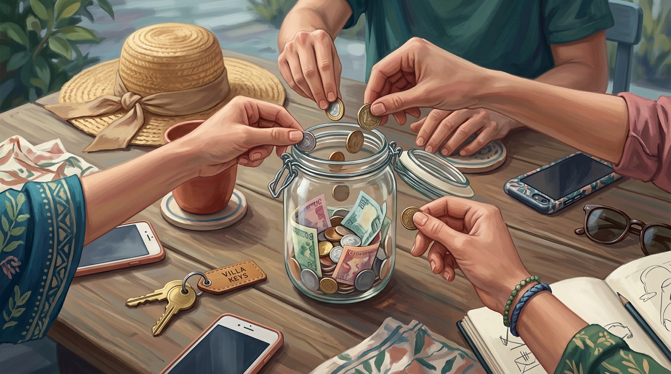 Editorial illustration of A sunlit weekend table seen from above with several hands, kept small and partial at the edges, dropping coins and folde