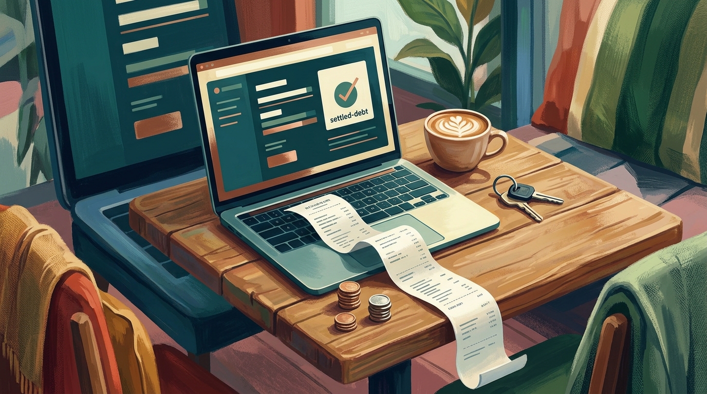 Editorial illustration of An open laptop on a cafe table, its screen showing only abstract painted balance bars and a clean settled-debt graphic w