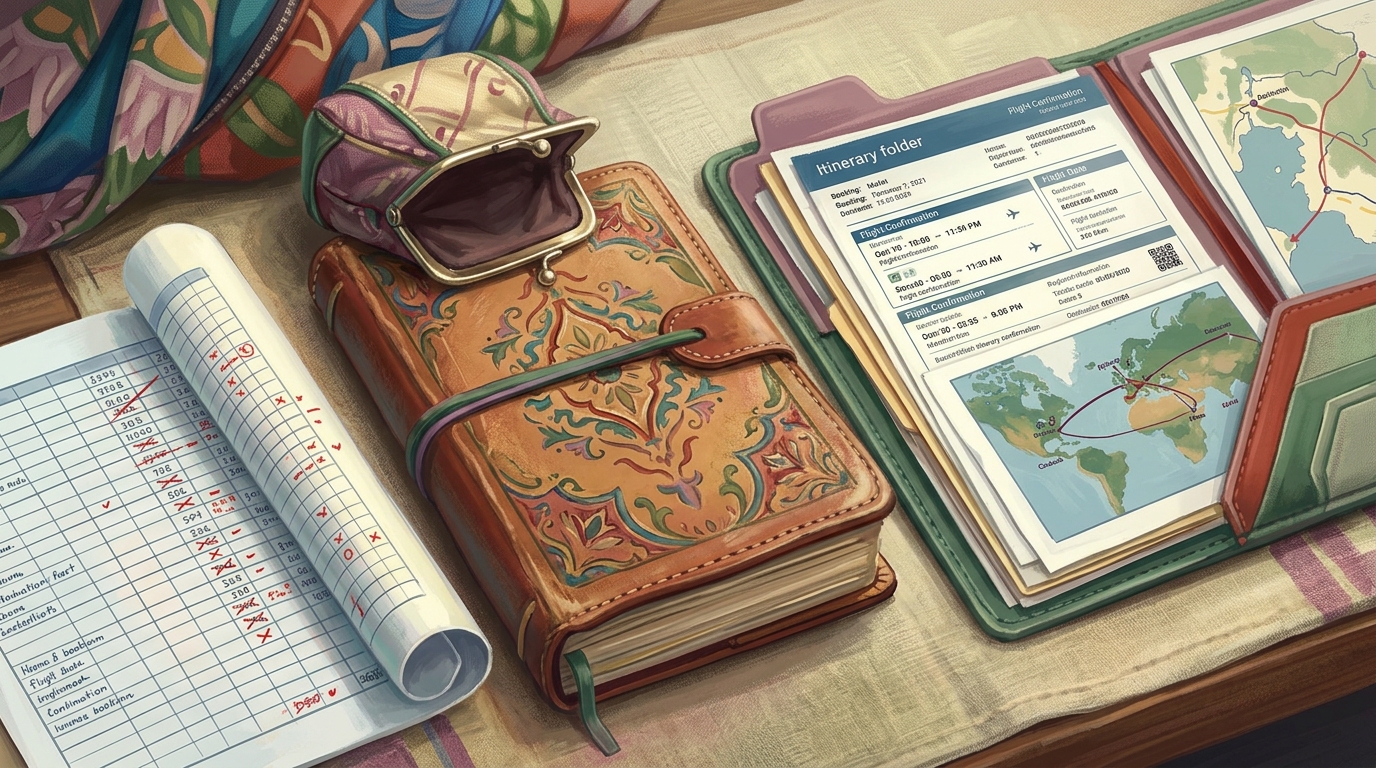 Editorial illustration of A still life of two genuinely lovely travel objects - a beautifully illustrated leather travel journal and a tidy itiner