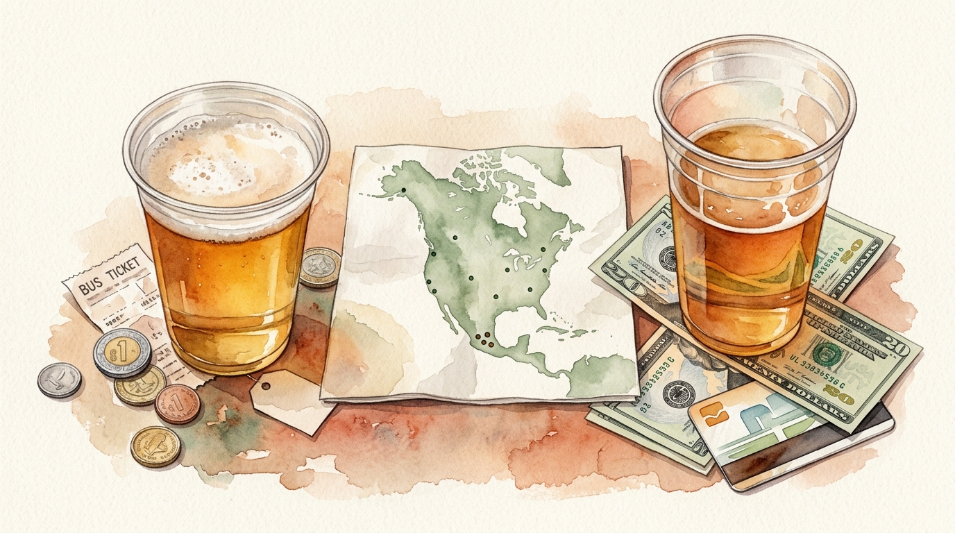 Watercolor illustration of watercolor overhead flat-lay showing a weathered cantina table with two beer glasses side by side