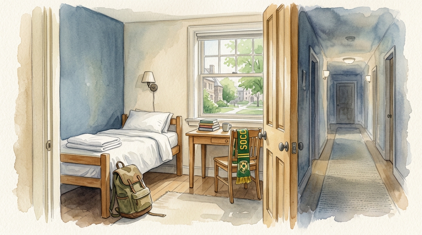 Watercolor illustration of a quiet university dormitory hallway viewed through an open door