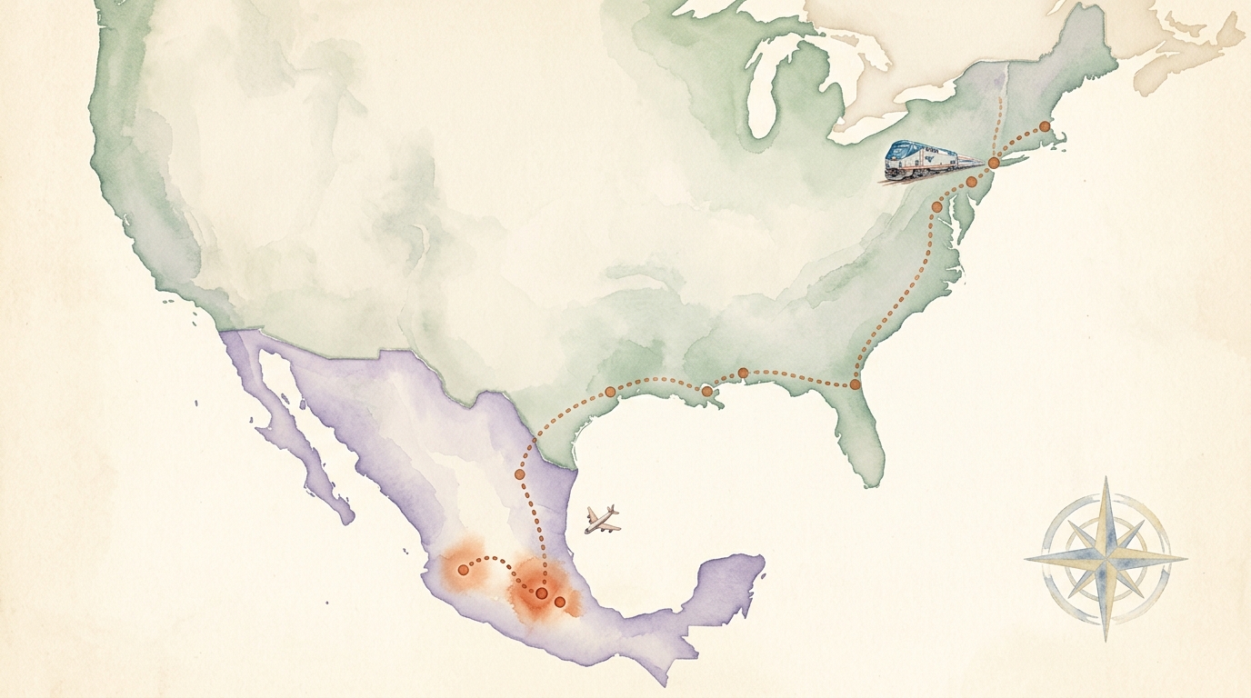 Watercolor illustration of watercolor illustrated map of the eastern United States and Mexico on aged cream paper