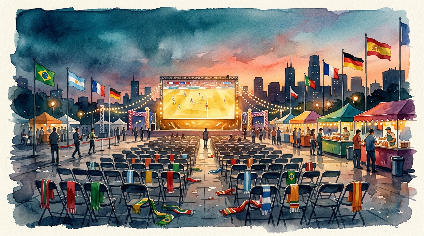 Watercolor illustration of an outdoor urban plaza at dusk transformed into a World Cup fan festival