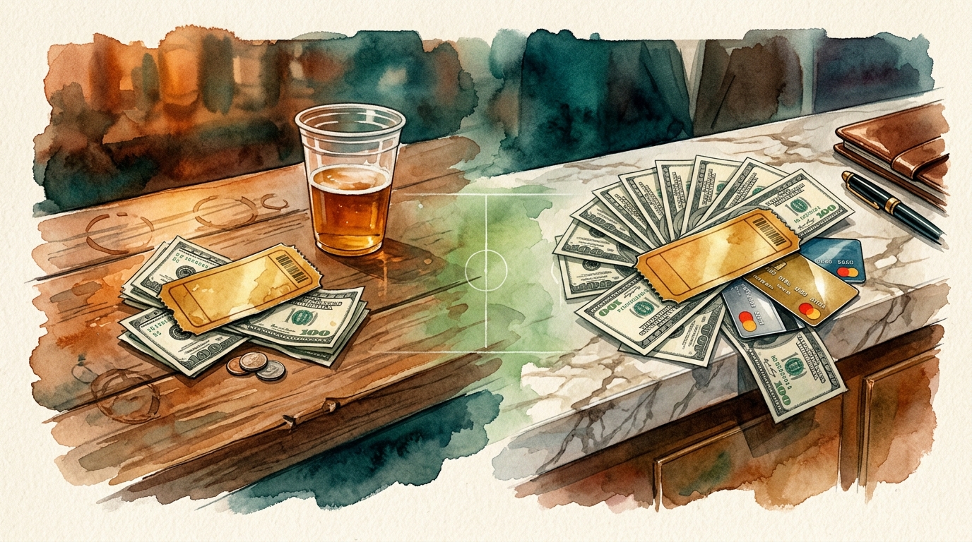 Watercolor illustration of a dramatic split composition, representing FIFA World Cup 2026 budget travel guide