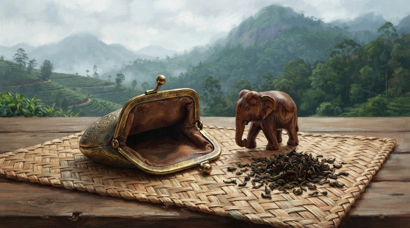 Editorial illustration of A traditional woven Sri Lankan reed mat spread on a wooden table, holding an open brass coin purse with no coins inside,
