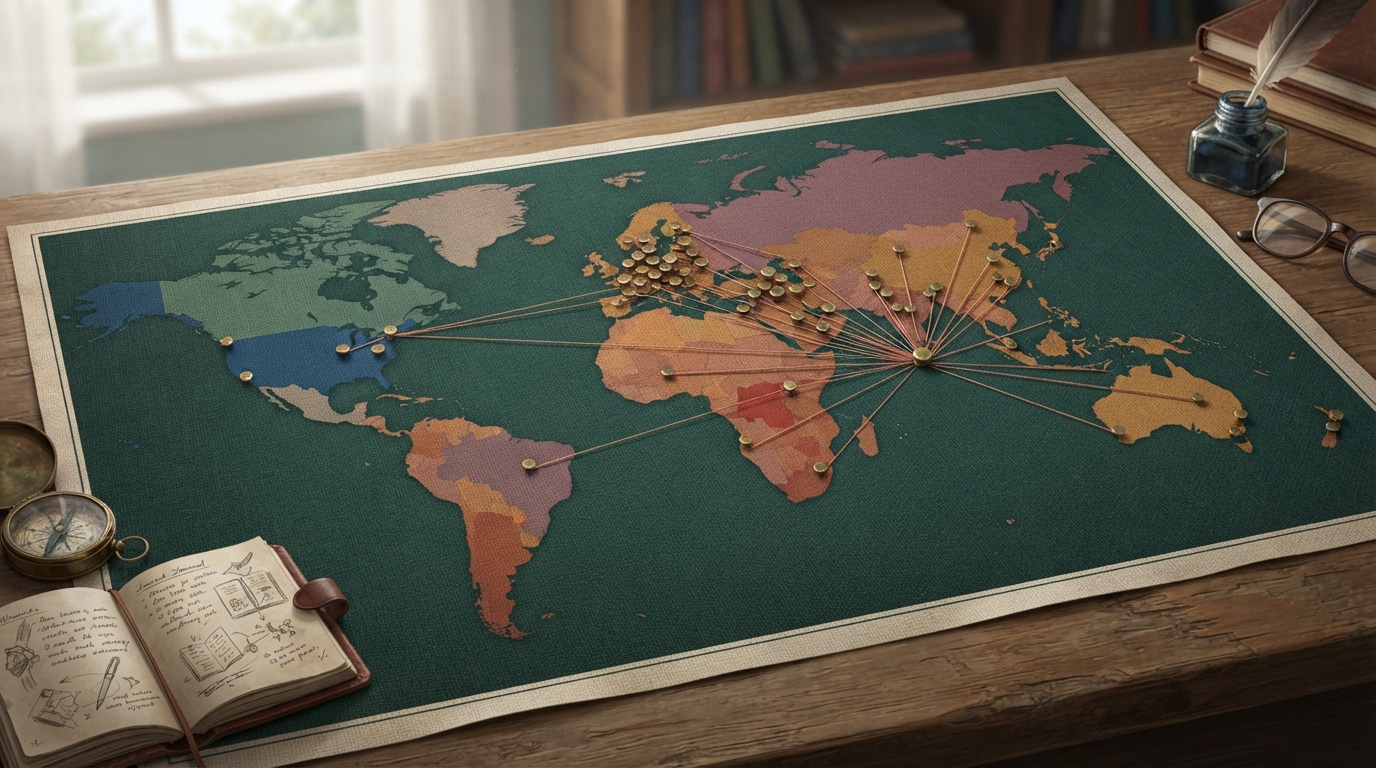 Editorial illustration of An unmarked world map rendered as a textured chart, with small brass pins clustered over Europe, South Asia, and the Mid
