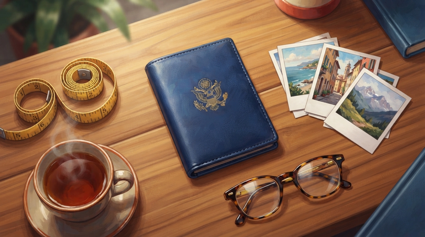 Editorial illustration of Overhead flat-lay of a closed navy passport cover, a small stack of passport-sized photo prints, a pair of reading glass