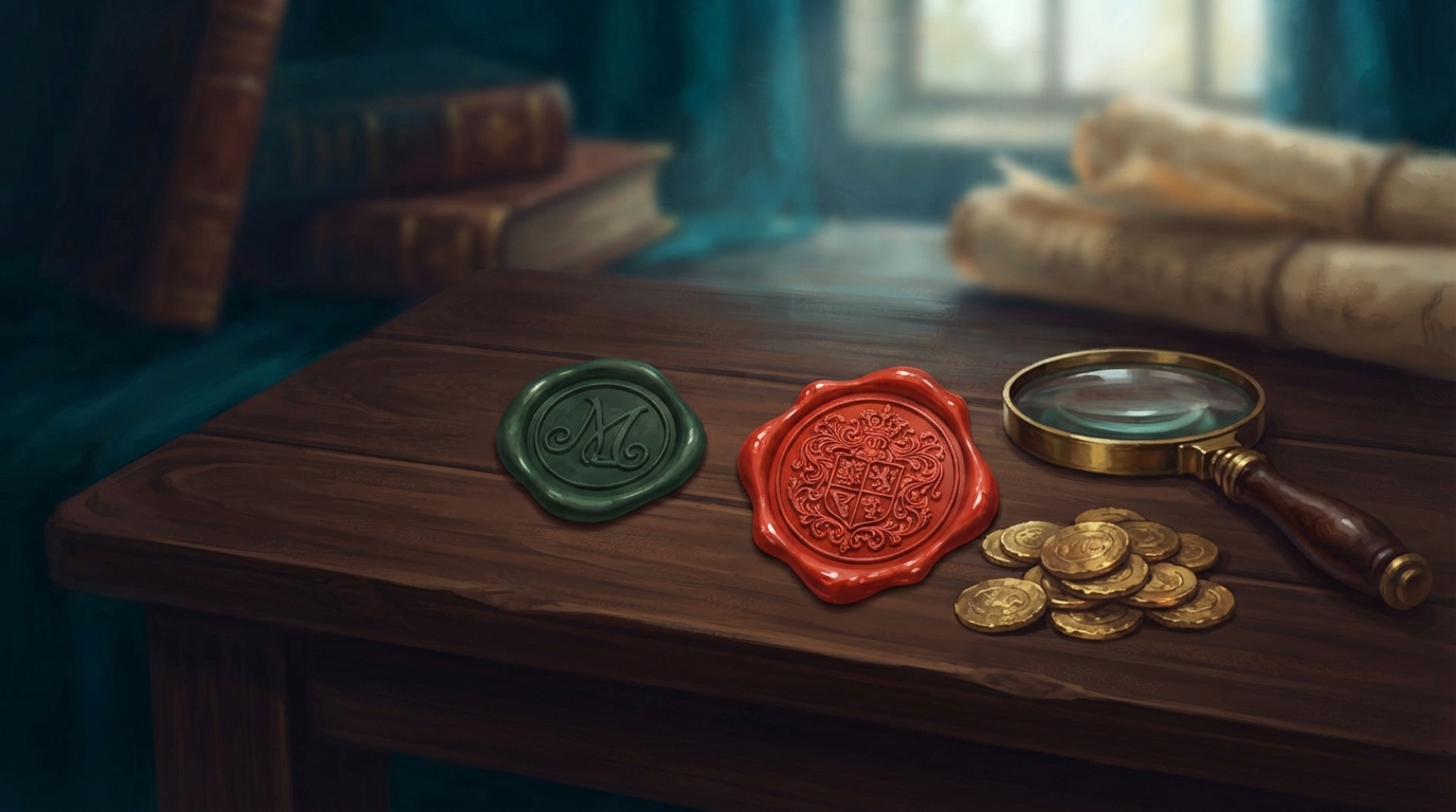 Editorial illustration of Two wax seals stamped side by side on a dark wooden desk: one plain and modest in deep forest green, the other gaudy and
