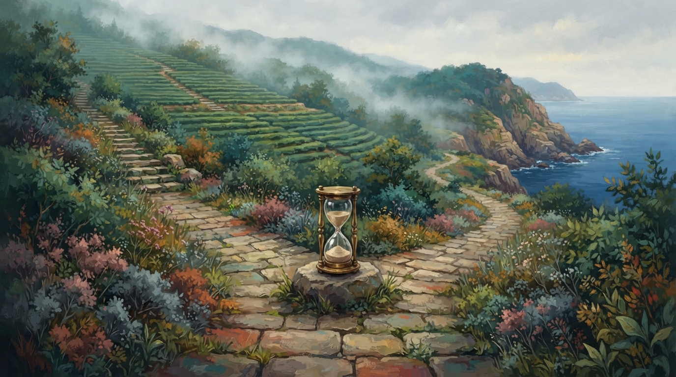 Editorial illustration of A stone crossroads on a misty hillside path, one direction leading toward layered green tea terraces and the other towar
