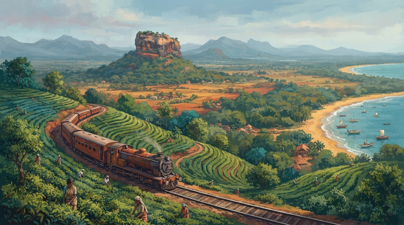 Editorial illustration of A sweeping concept-art landscape compressing Sri Lanka's classic loop into one frame: a rust-colored heritage train curv