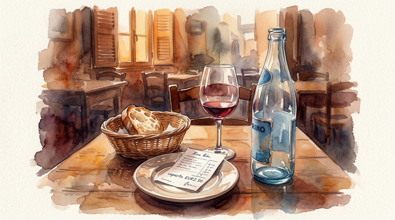 Watercolor illustration of a small Italian trattoria table after a meal, seen from a slightly elevated angle