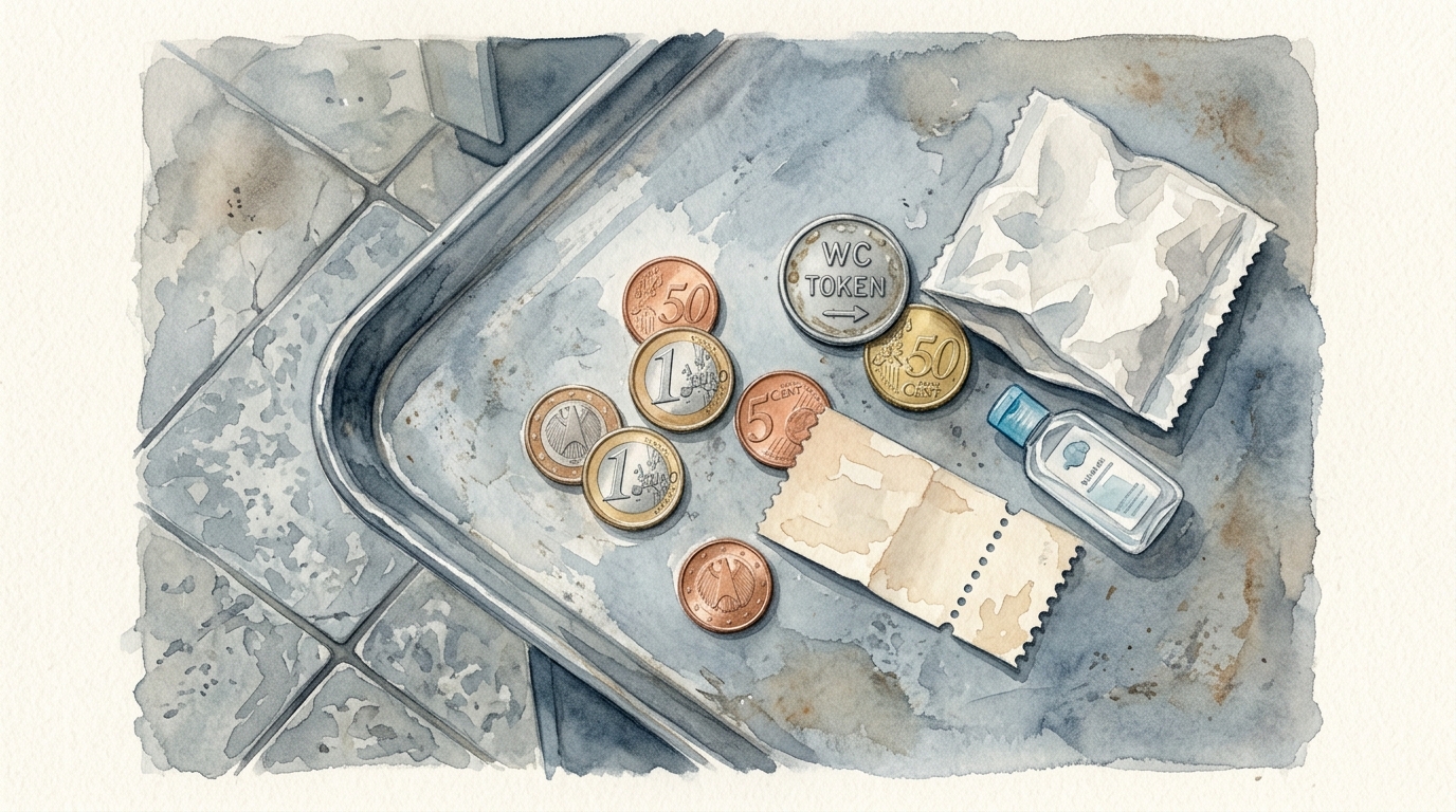 Watercolor illustration of watercolor overhead flat-lay showing a small handful of euro coins (fifty-cent and one-euro pieces) scattered on a worn 