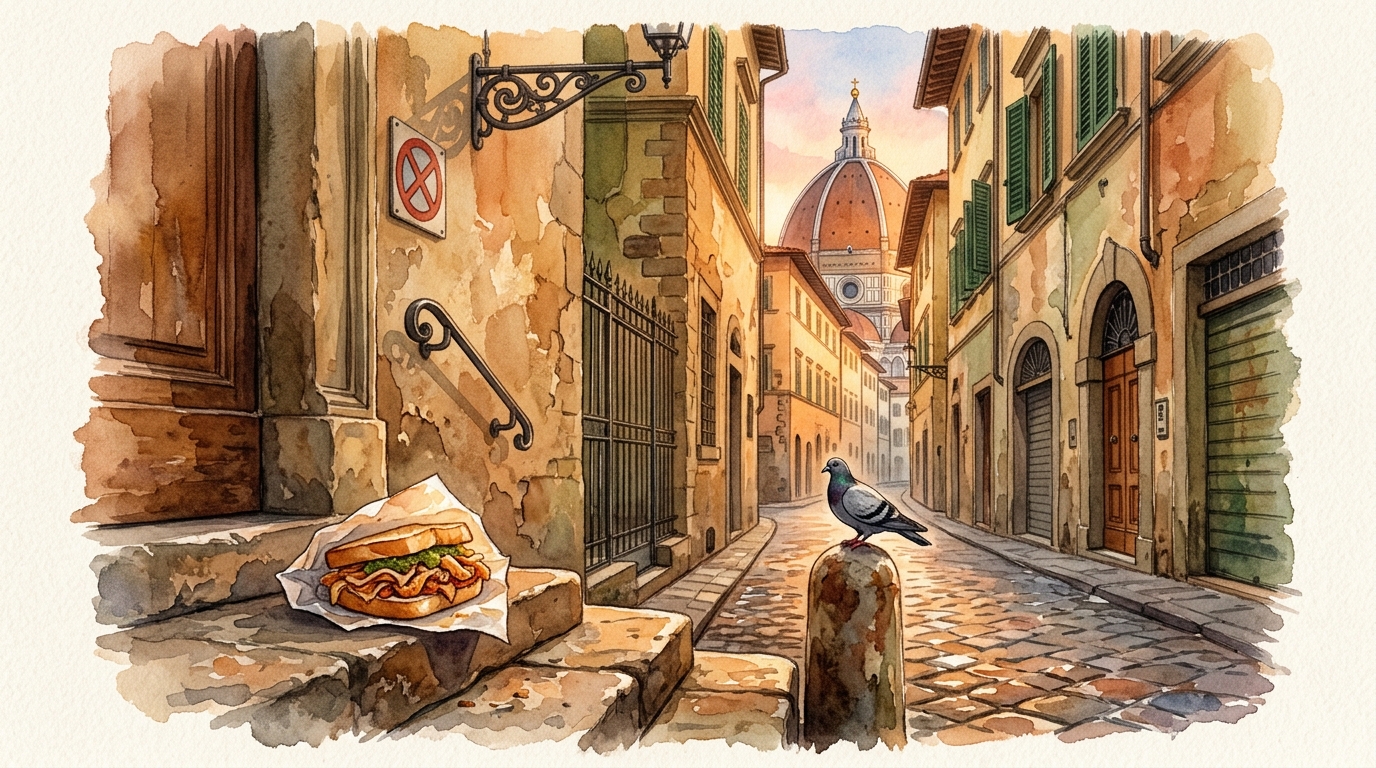 Watercolor illustration of a narrow Florence side street near the Uffizi Gallery at golden hour