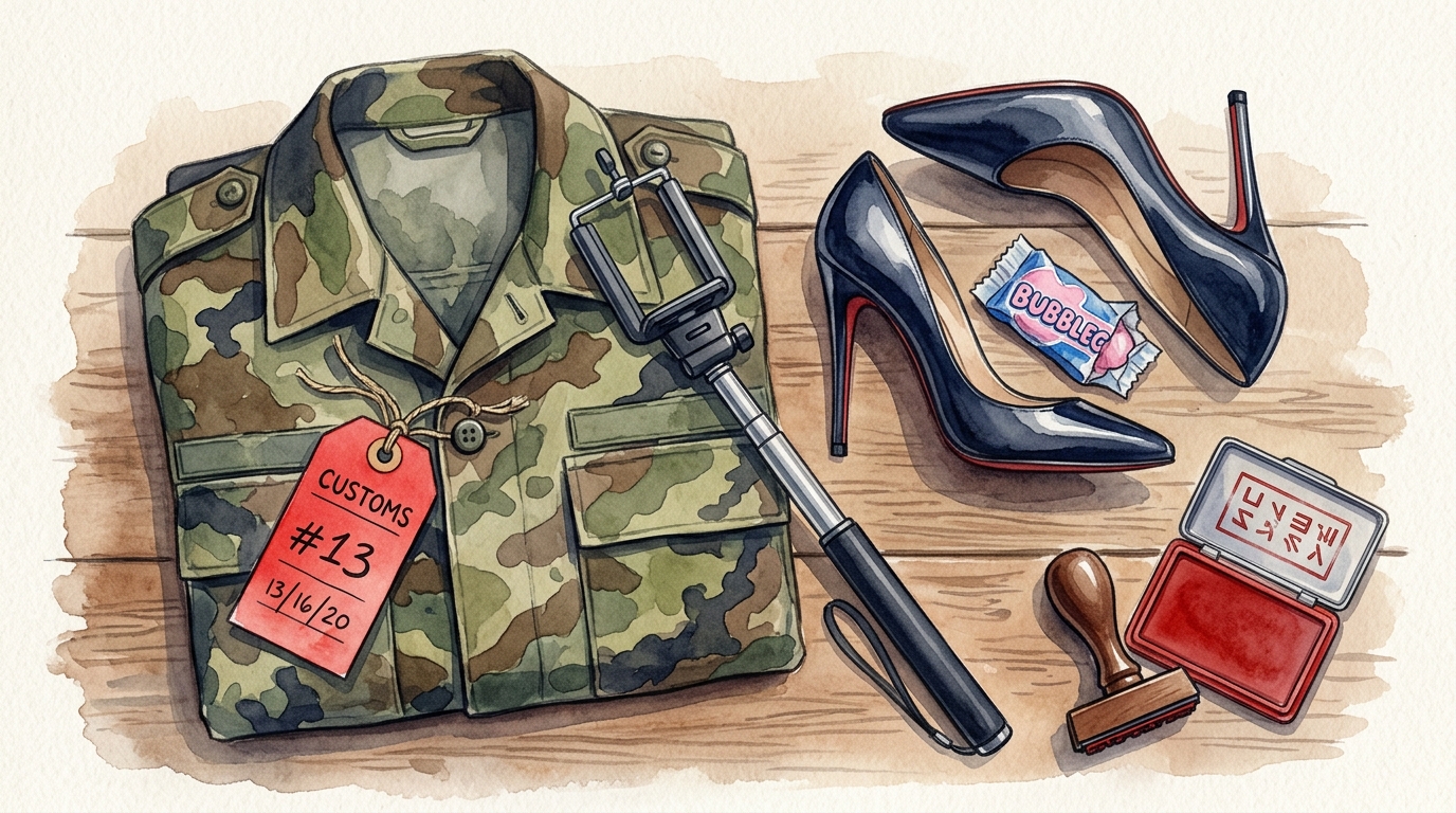 Watercolor illustration of confiscated traveler contraband arranged on a customs inspection table: a camouflage-patterned jacket folded with a red 
