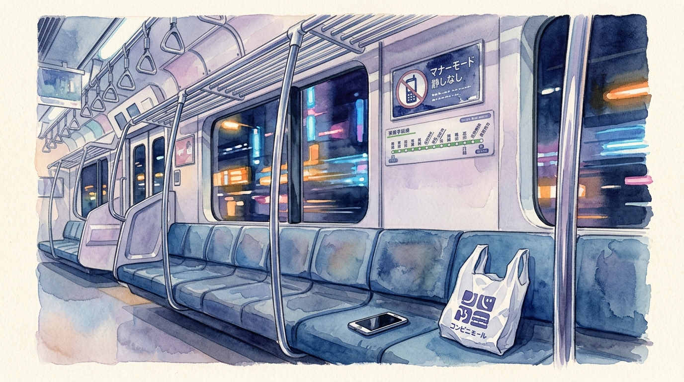 Watercolor illustration of the interior of a Japanese Yamanote Line train car, seen from a low angle along the row of seats