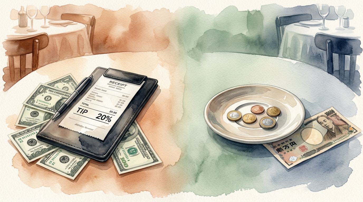 Watercolor illustration of a restaurant table surface showing a side-by-side comparison of tipping cultures