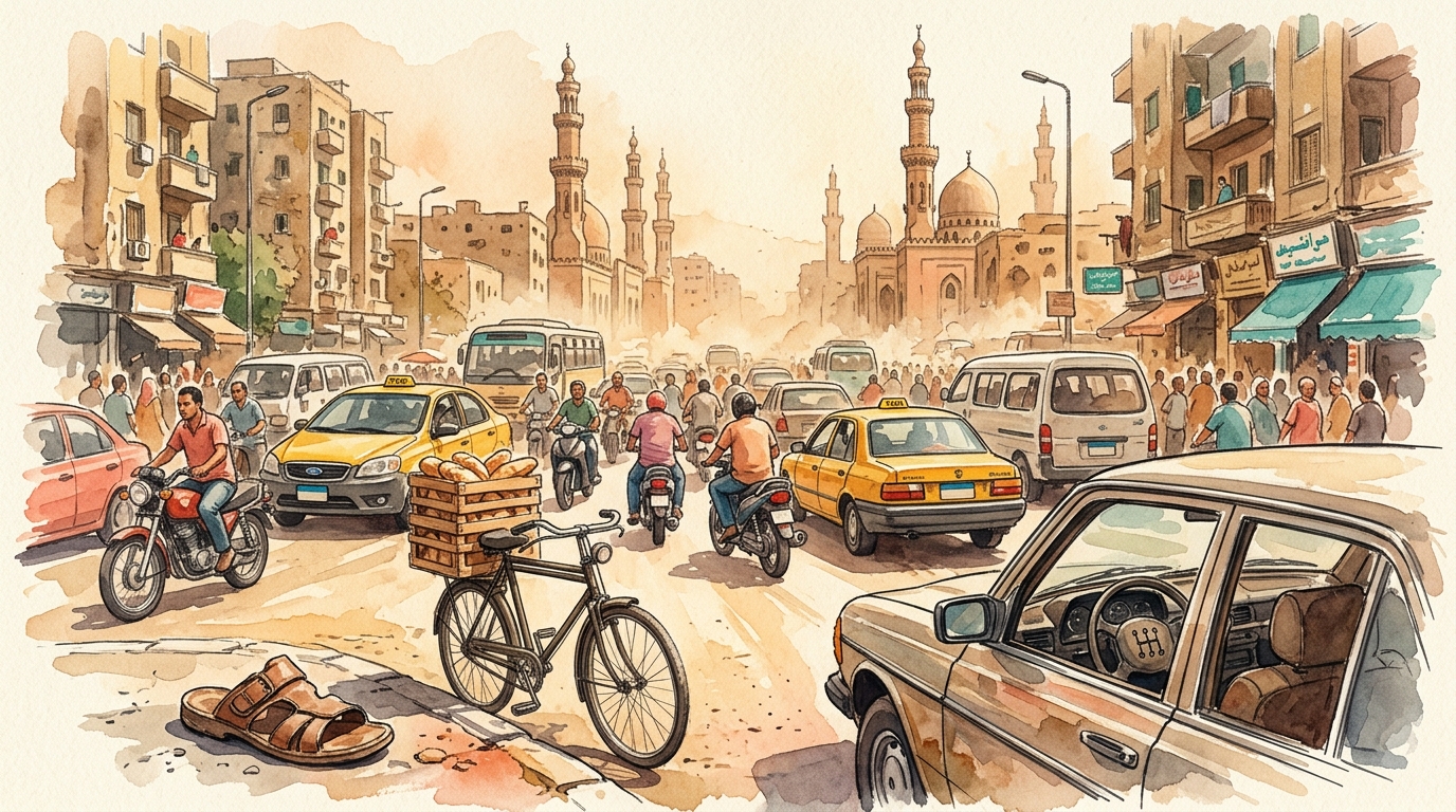 Watercolor illustration of a wide Cairo intersection at street level, a river of motorbikes, yellow taxis, and battered minibuses flowing in overla