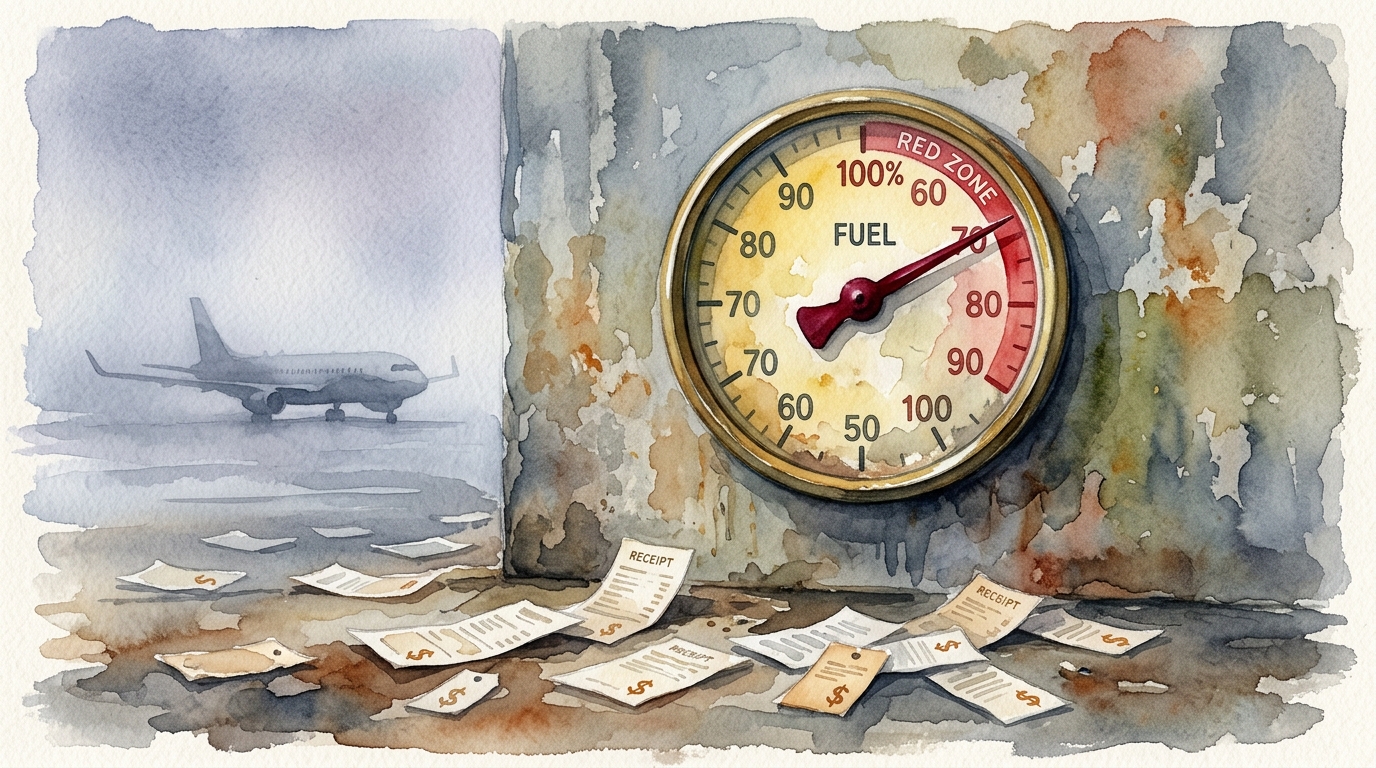 Watercolor illustration of a large aviation fuel gauge with its needle pinned far into the red zone, mounted on a weathered airport maintenance wal