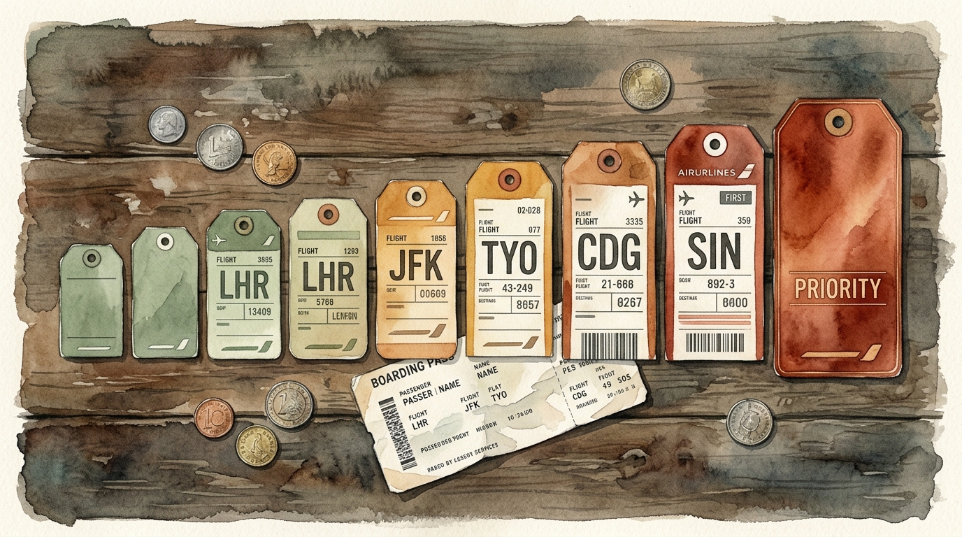 Watercolor illustration of editorial watercolor overhead flat-lay showing nine different airline baggage tags arranged in a row on an aged wooden c