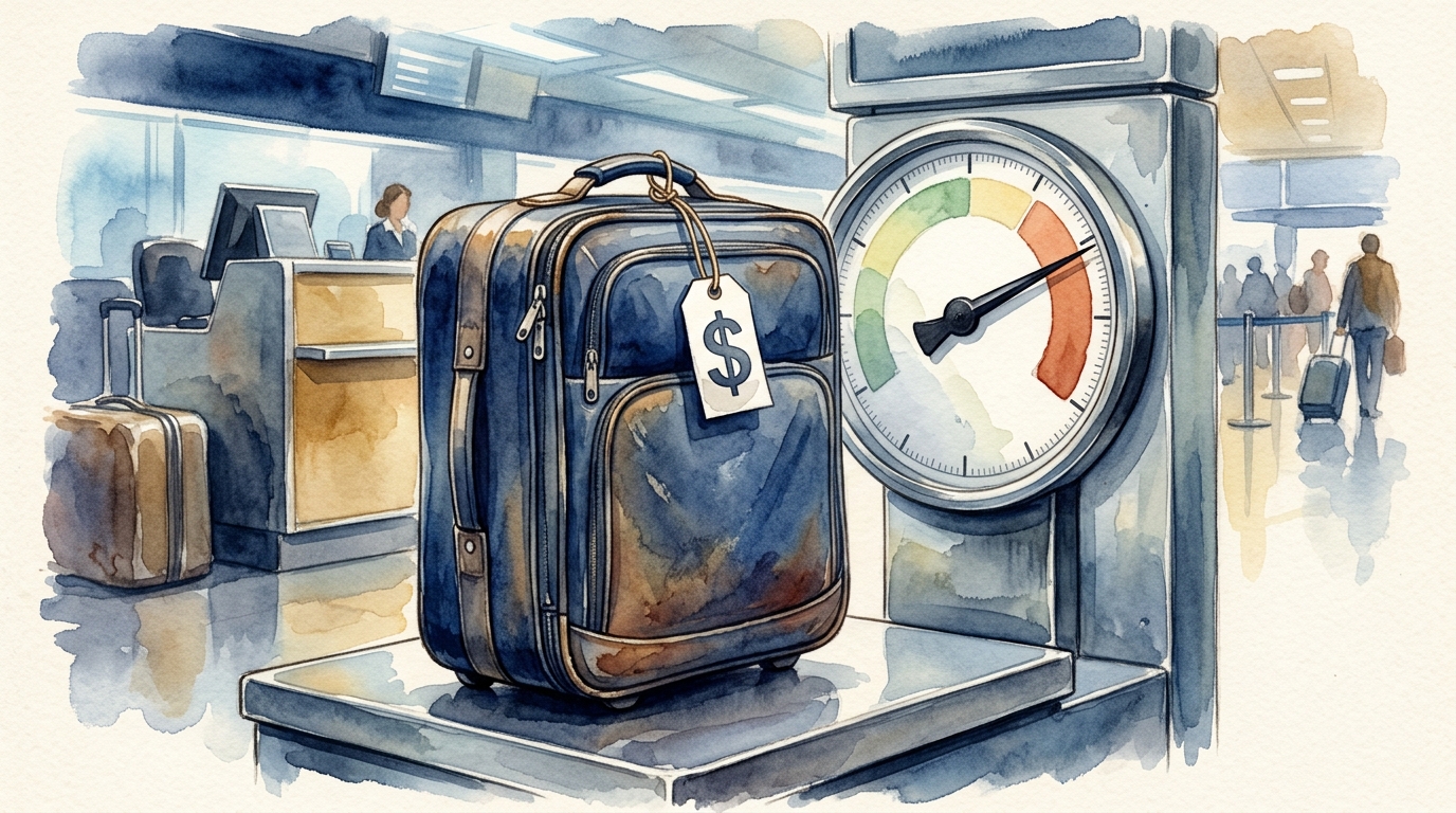 Watercolor illustration of a single navy blue suitcase sitting on an airport baggage scale, with the scale's analog dial swinging dramatically past
