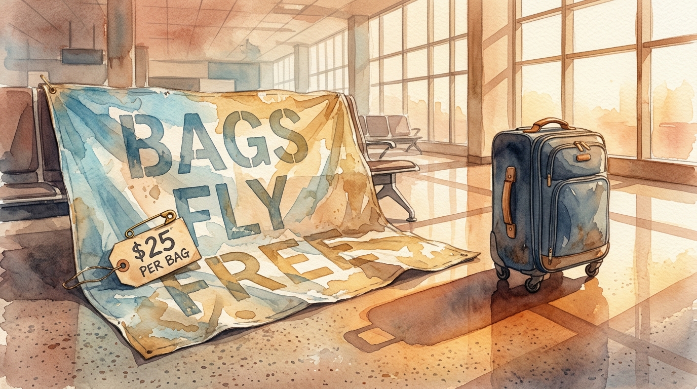 Watercolor illustration of an old, faded "Bags Fly Free" banner lying crumpled on the floor of an airport terminal, with a fresh price tag pinned o