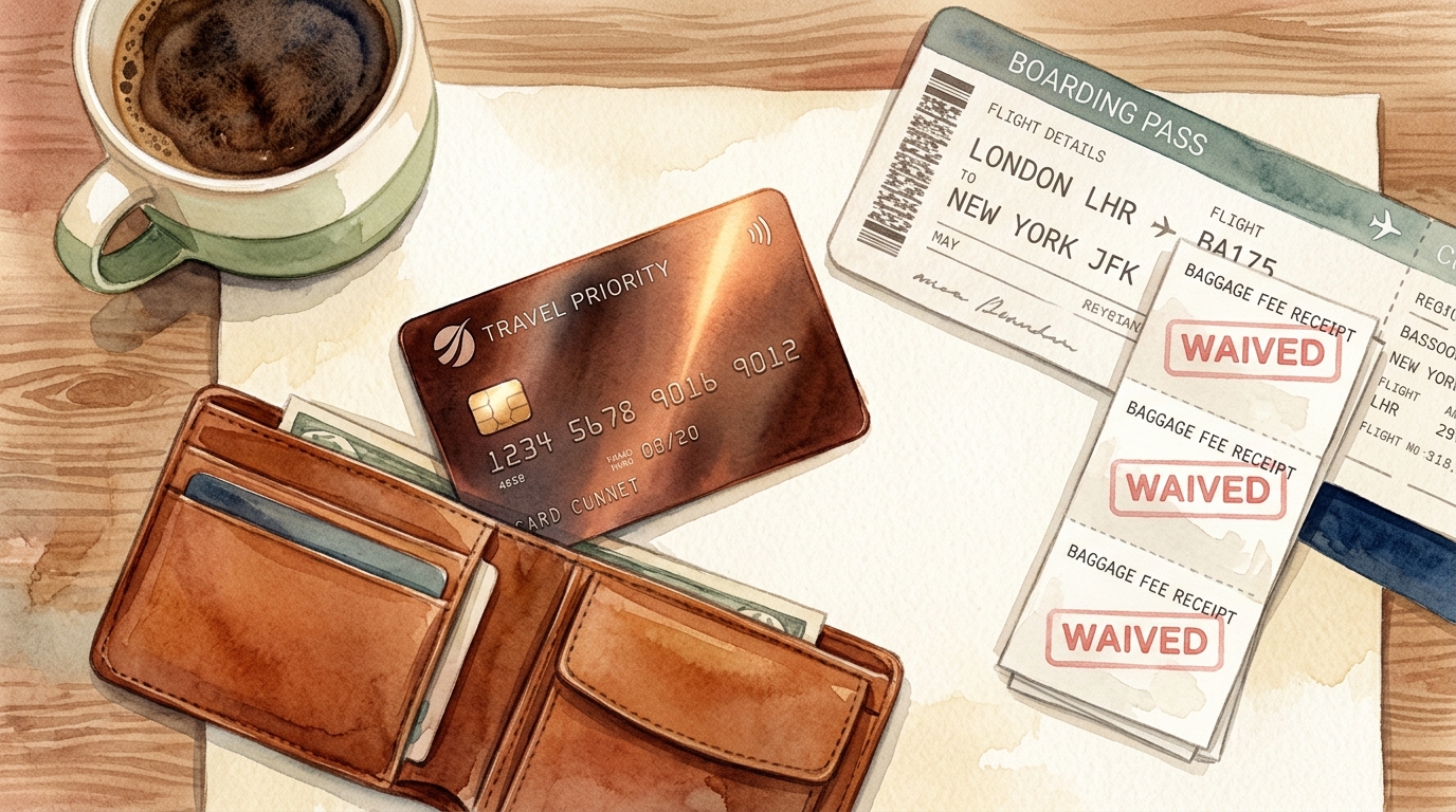 Watercolor illustration of editorial watercolor overhead flat-lay showing a metallic credit card placed on a wooden desk beside an open wallet, a b