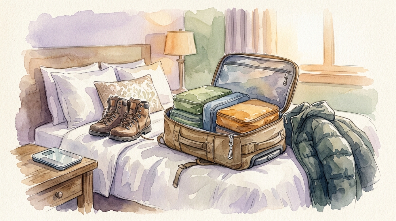 Watercolor illustration of a neatly packed 40-liter travel backpack open on a hotel bed, revealing colorful packing cubes in sage green, dusty blue