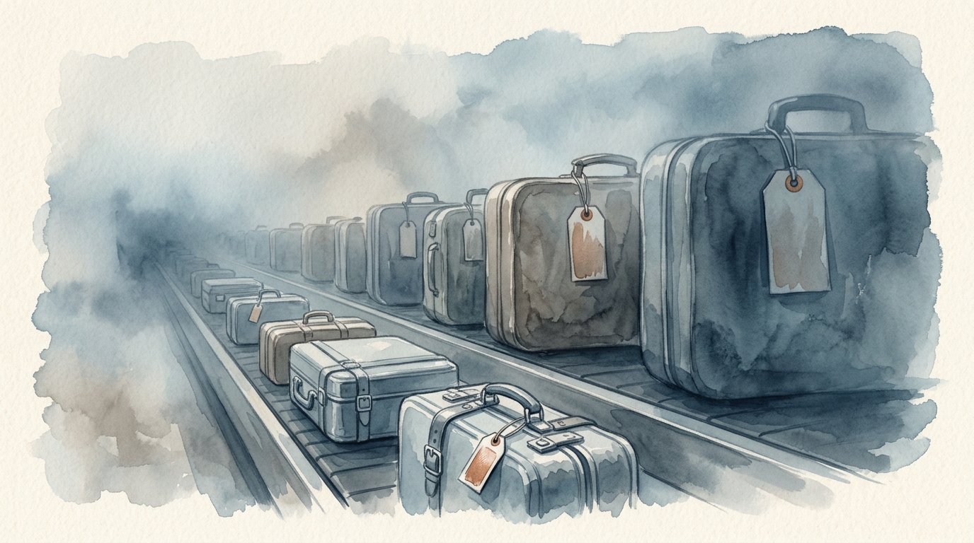 Watercolor illustration of a long airport conveyor belt stretching into a foggy, uncertain distance, with suitcases riding along it growing progres