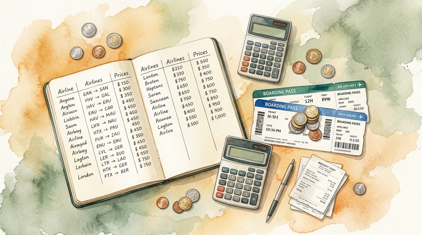 Watercolor illustration of a travel planning scene on a kitchen table
