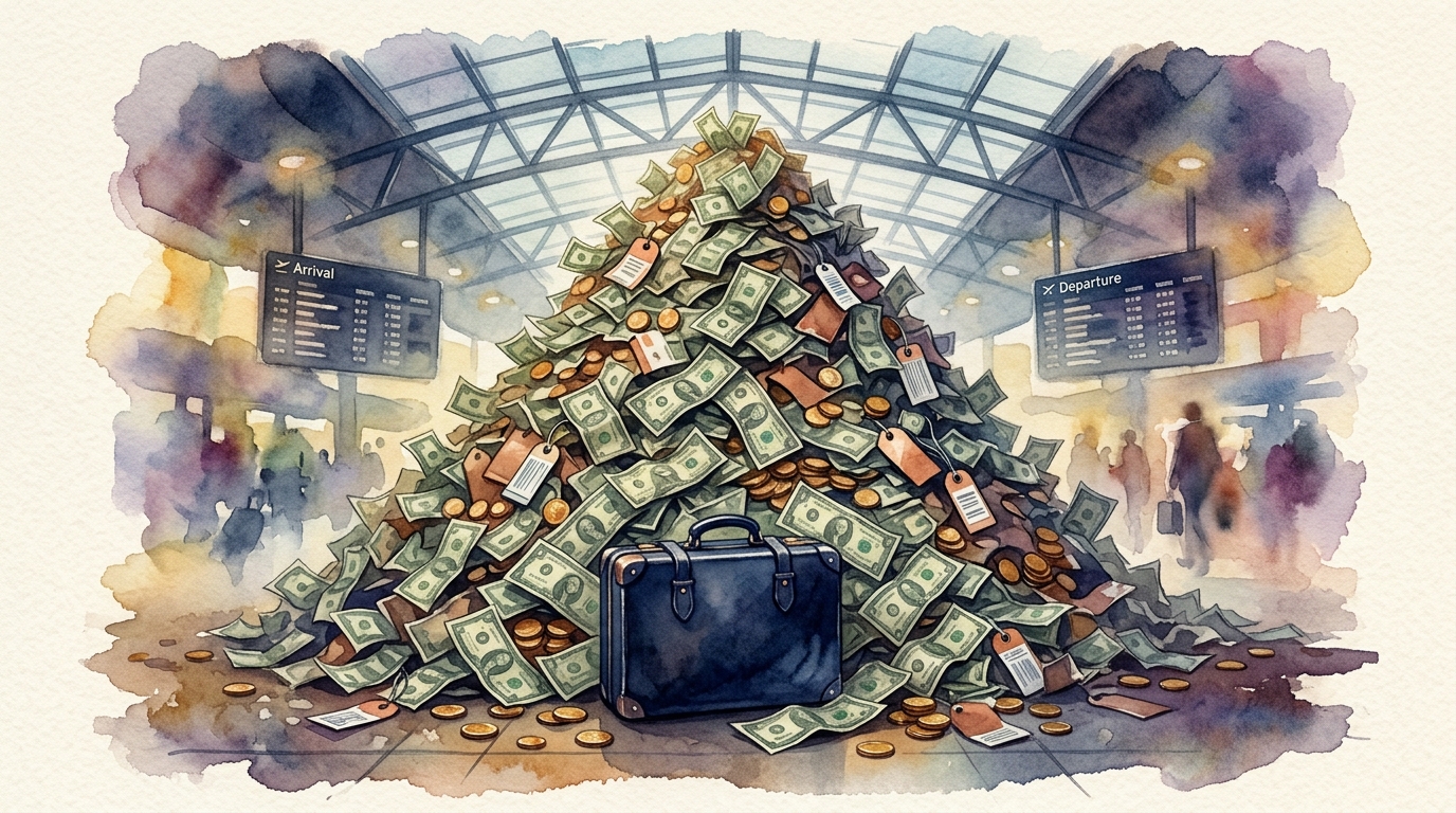 Watercolor illustration of a single small suitcase sitting at the bottom of an enormous, towering pile of crumpled dollar bills, golden coins, and , representing checked bag fees 2026 every airline
