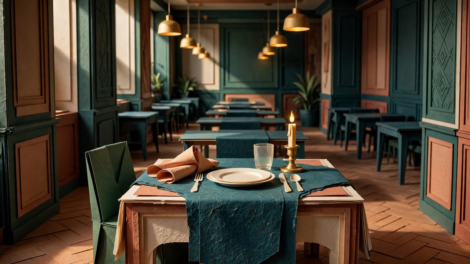 An empty reserved table waits alone among empty tables in a still, softly lit dining room
