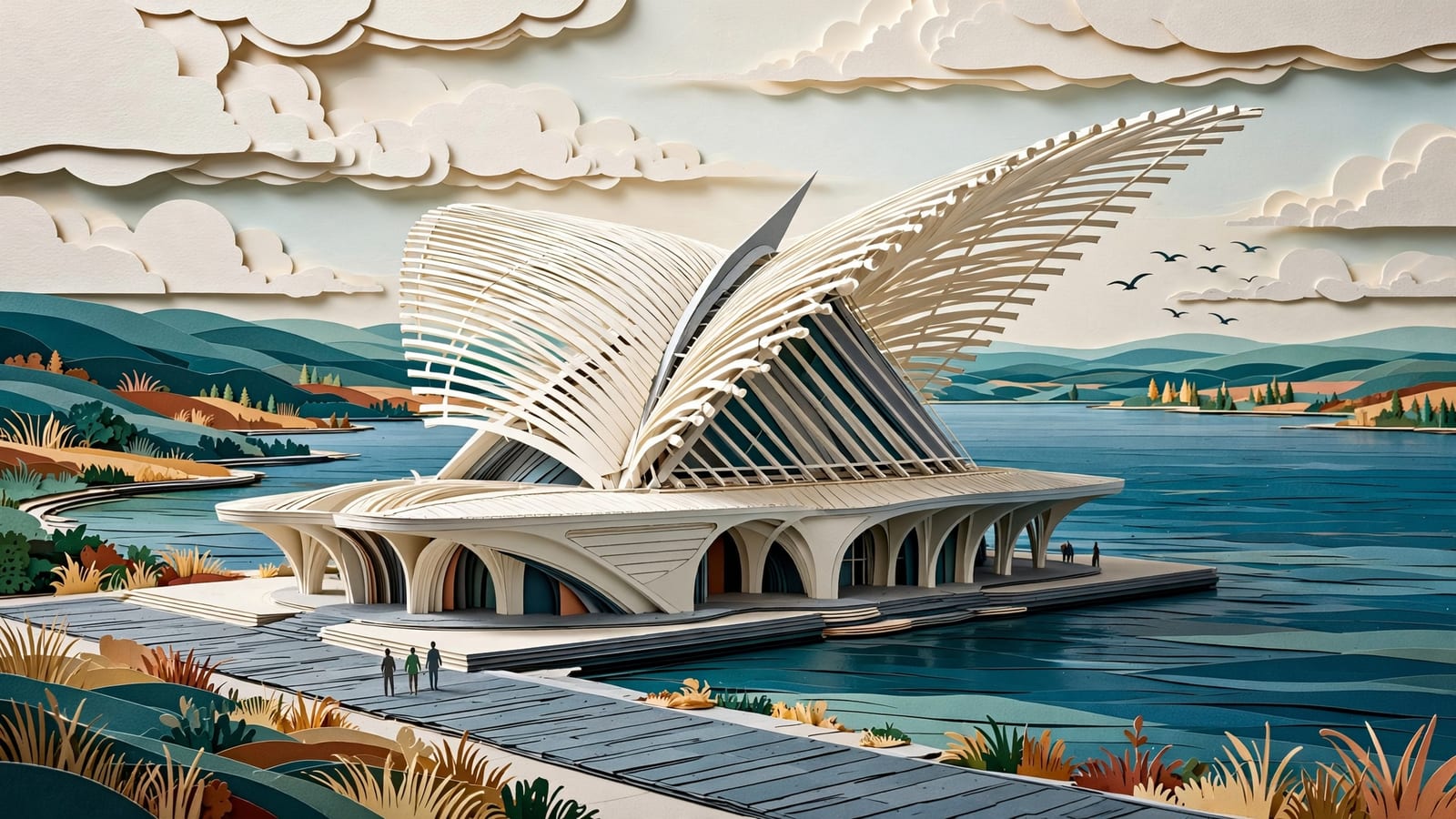 A winged white pavilion opens like sails beside Milwaukee's Lake Michigan shoreline.
