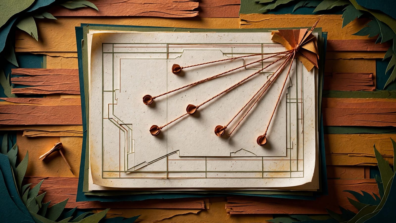 A single pin lifted from its thread on an unmarked travel chart, six destinations still connected
