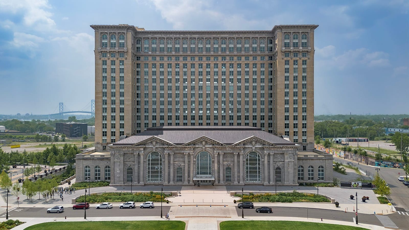 The restored Michigan Central Station tower in Detroit, host site of the 2027 Michelin ceremony.