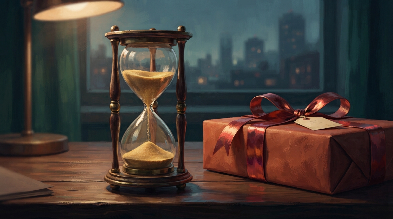 Editorial illustration of A sand-filled hourglass mid-pour on a dark wooden desk beside a wrapped gift box tied with a metallic ribbon, warm lampl