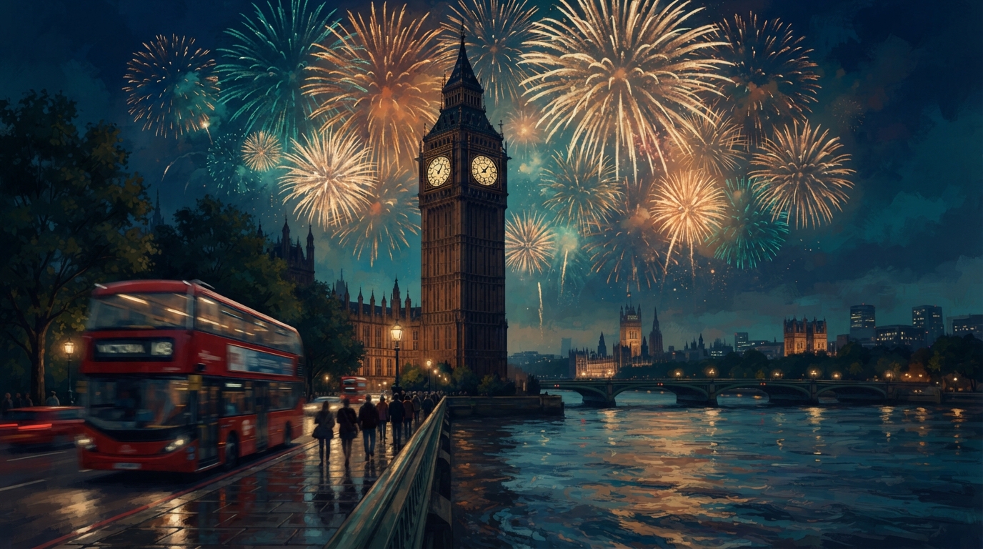 Editorial illustration of A silhouetted clock tower rising above the River Thames at night, fireworks bursting in deep cobalt and honey-gold overh