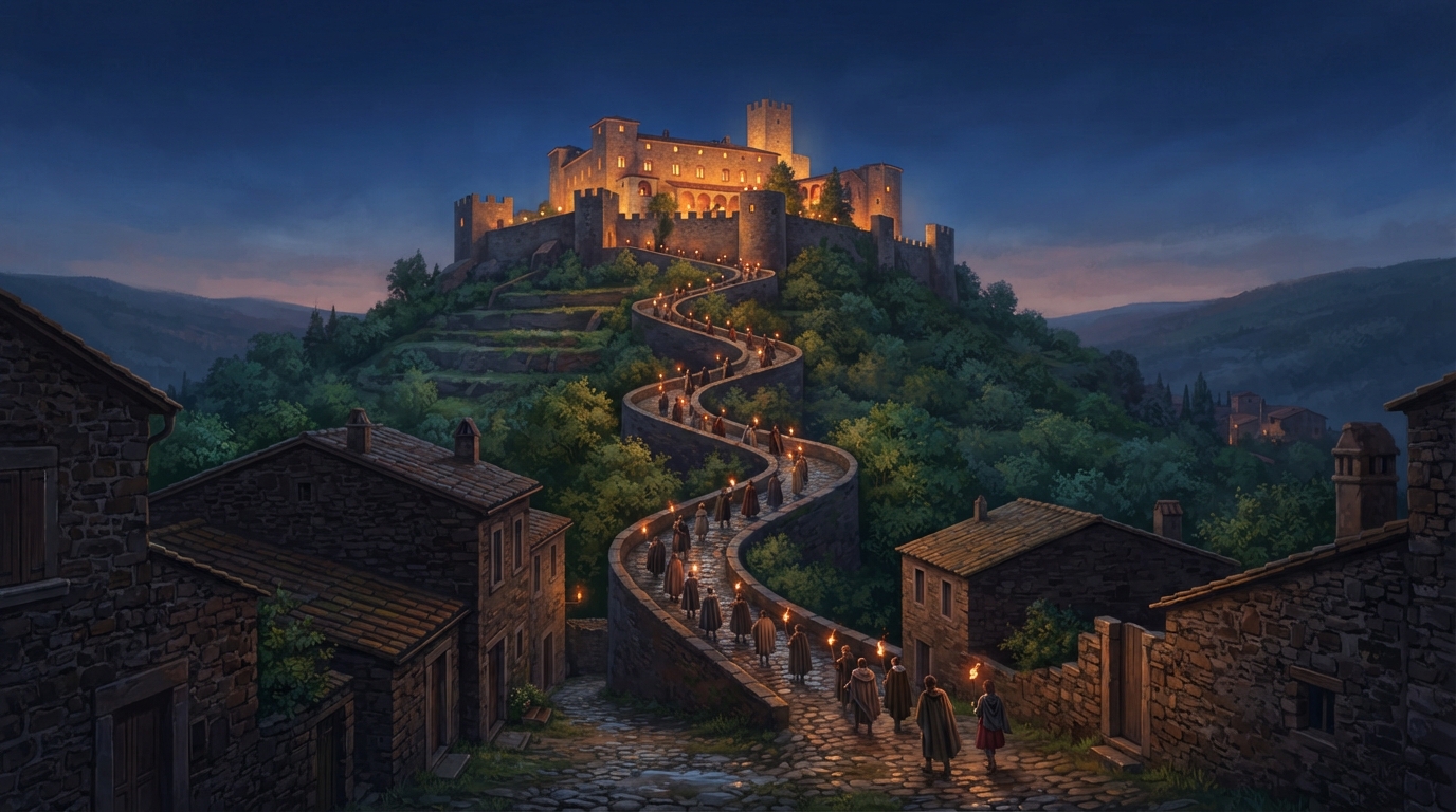 Editorial illustration of A stone hilltop castle glowing warm amber against a deep indigo night sky, a line of small distant torch-carrying figure