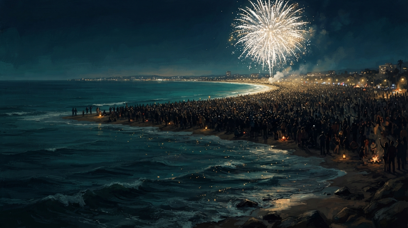 Editorial illustration of A vast curved beach at night seen from the shoreline, dense crowd silhouettes stretching to the horizon beneath a white 