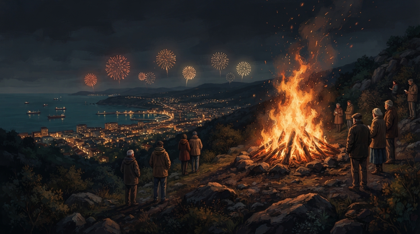 Editorial illustration of A large bonfire blazing on a dark hillside above a small coastal city at night, sparks rising against a deep charcoal sk