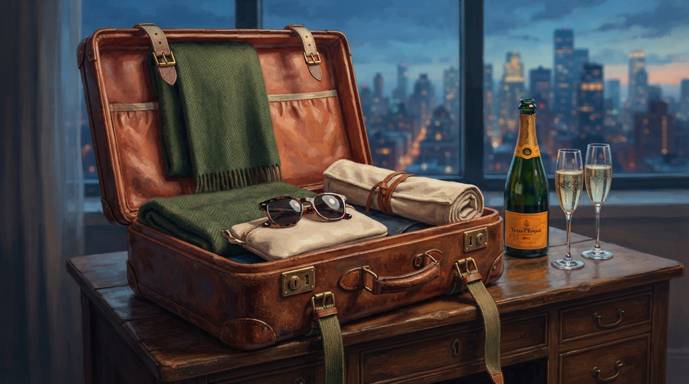 Editorial illustration of An open leather suitcase packed neatly with a folded wool scarf, sunglasses, and a rolled canvas travel wrap, a champagn
